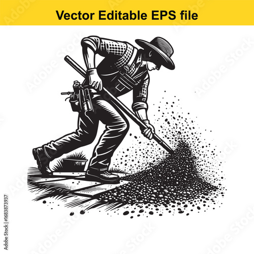 Man in cowboy hat digging with shovel, vector illustration