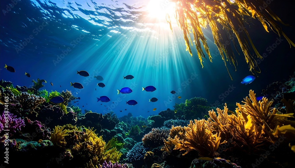 Naklejka premium Colorful coral reef ecosystem illuminated by sunlight during