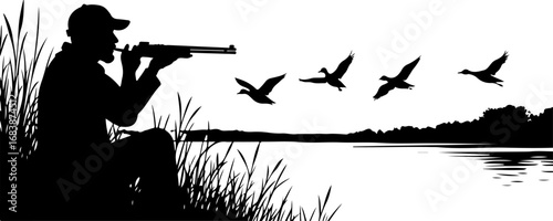 "Silhouette of Hunter Aiming Shotgun at Flying Birds"