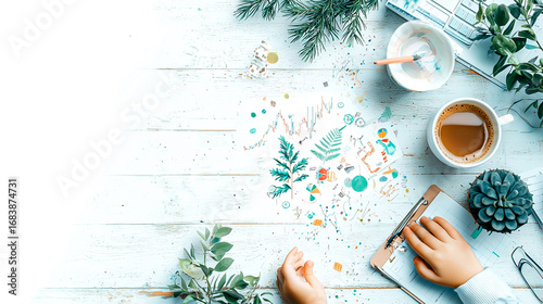 Creative Workspace with Colorful Art Supplies and Relaxing Beverage Surrounded by Green Plants