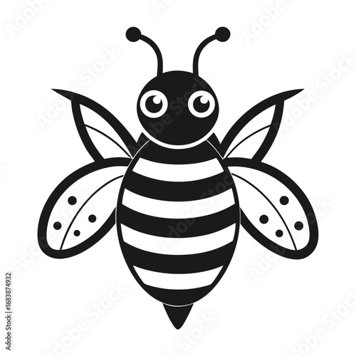 Cute black and white cartoon bee with striped body and patterned wings insect animal