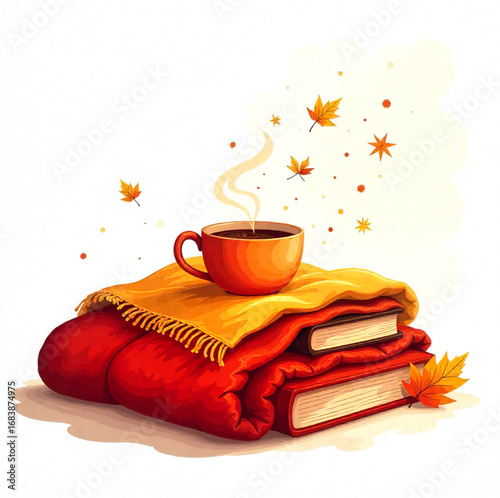 Autumn season with warm, earthy blankets, a cup of coffee and a book