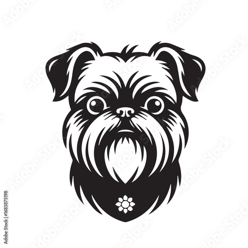 Brussels Griffon dog head black and white illustration for pet, toy breed, and domestic animal art