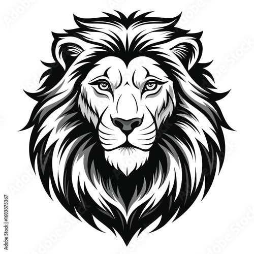 Detailed Black and White Lion Head with Grayscale Shading face mane