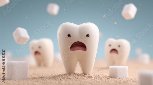 Cartoon tooth with scared face and sugar cubes.