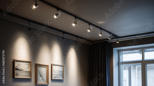 Modern track lighting system illuminating framed artwork on a gray wall.