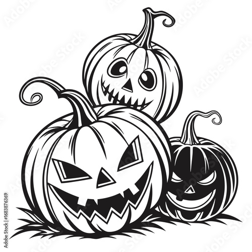 Three carved Halloween pumpkins in a pile jack-o-lantern