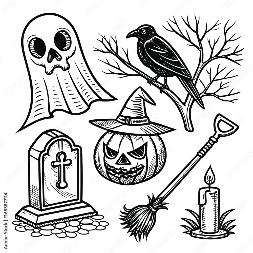 Naklejka premium Halloween Icons Black And White Sketch ghost
