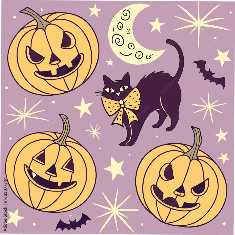 Fototapeta premium Halloween pumpkins black cat moon and stars pattern