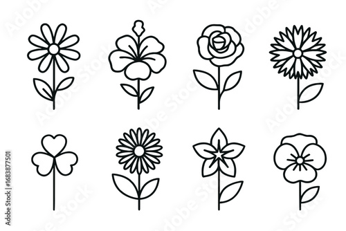 Outline vector icons of edible flowers: daisy, hibiscus, rose, clover, daisy, lily, pansy — set of modern line style icons, transparent background.  