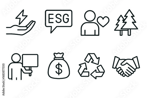 Outline vector icons of ESG strategy: hand, money, trees, teamwork  