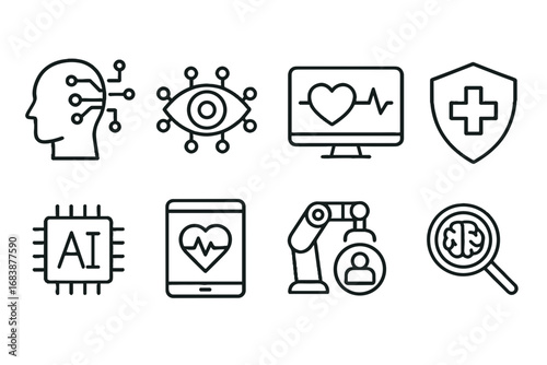 Outline vector icons of artificial intelligence in healthcare — set of modern line style icons, transparent background.  
