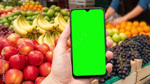 Smartphone with green screen in a farmers’ market with vegetables in background.