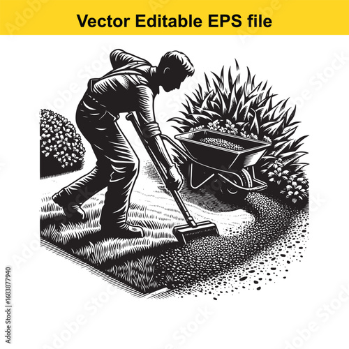 Gardener using a rake to spread gravel for landscaping with a wheelbarrow