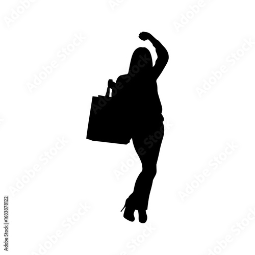 A dynamic silhouette of a woman joyfully carrying shopping bags, conveying a positive and enthusiastic shopping experience.