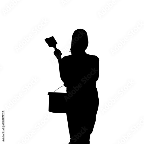 A simple, impactful silhouette of a woman poised with paintbrush and bucket, perfect for depicting home improvement, DIY projects, or female professionals in the construction industry.