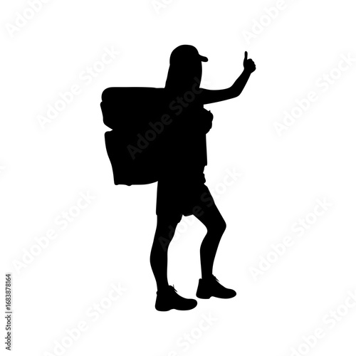 A bold, black silhouette of a female hiker, confidently giving a thumbs-up gesture, suggests a positive and successful outdoor adventure.