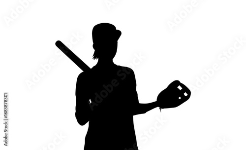 A strong, athletic silhouette of a female softball player holding a bat and mitt, set against a plain white background.