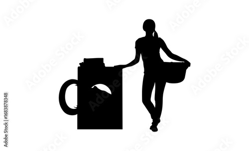 A simple, impactful silhouette of a woman next to a washing machine and holding a laundry basket.