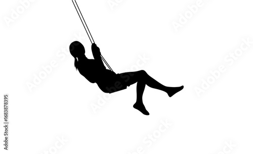 A simple silhouette of a child swinging from a rope against a pure white background.