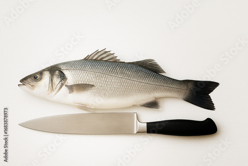 Fisch und Messer auf weißem Hintergrund (KI)