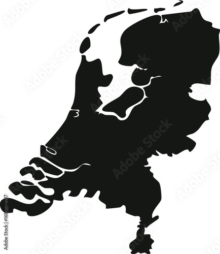 Black silhouette map of Netherlands country outline isolated on white