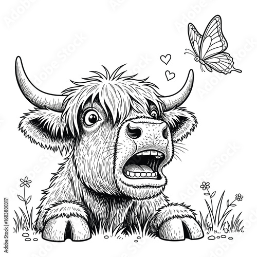 Vector art of a cute highland cow is surprised by a butterfly isolated on white background
