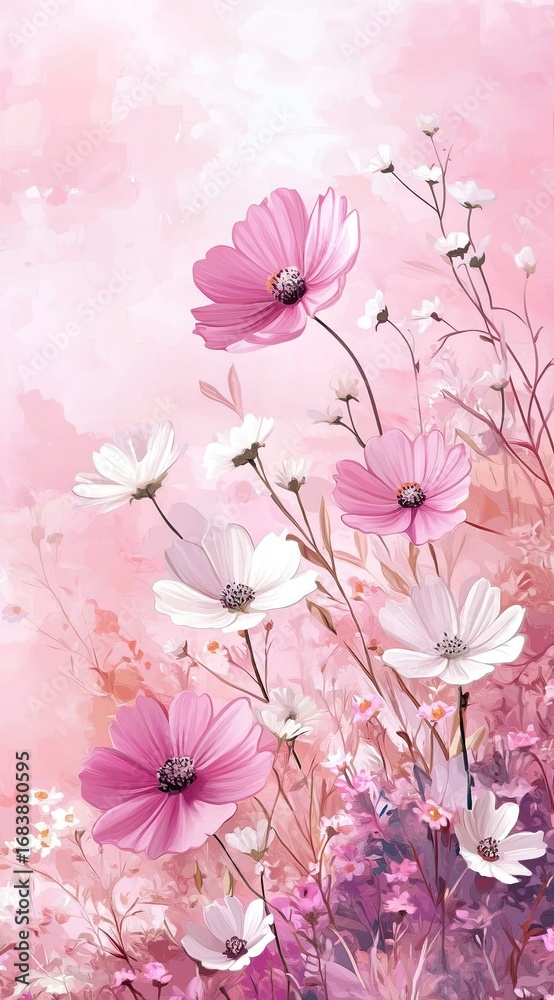 Fototapeta premium Pink and white flowers, pink background