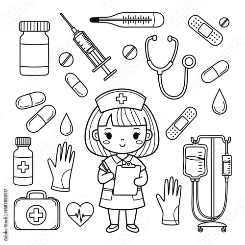 Vector art of a cute cartoon nurse is surrounded by medical equipment and supplies