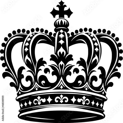 Royal Elegance: An ornate black and white crown, a symbol of majesty and regality, showcases intricate detailing and classical design.