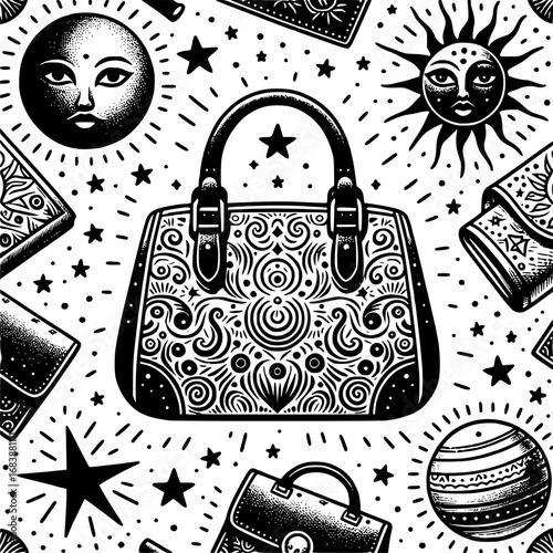 Elegant Handbag and Cosmic Symphony: A beautifully illustrated handbag is adorned with intricate patterns and sits amidst a constellation of celestial elements like the sun, moon, stars.