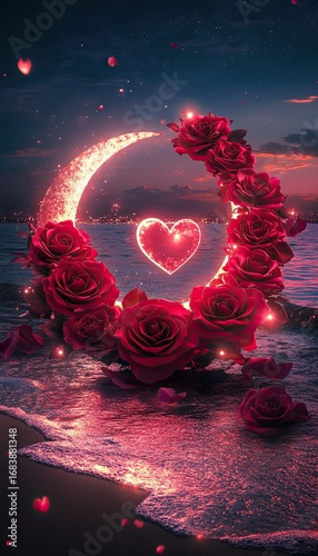 Wallpaper Mural Red roses in the shape of a crescent moon with a glowing heart on a beach at night Torontodigital.ca