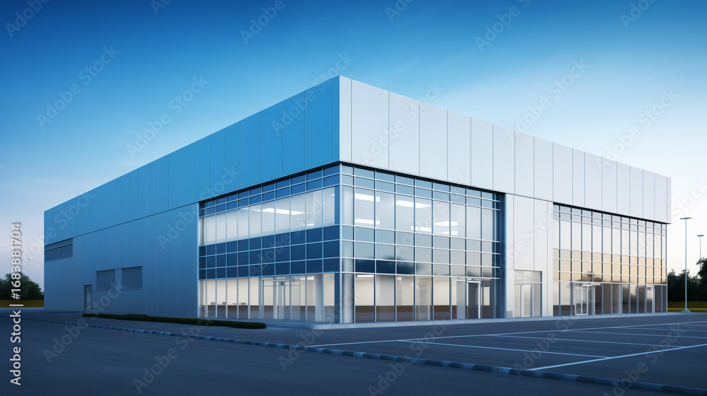 Naklejka premium Modern warehouse and office building exterior with white metal cladding and glass facade. Industrial commercial property for real estate, logistics, and architecture projects.