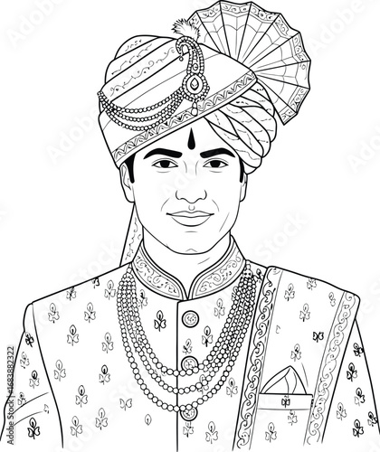 Indian Groom in Traditional Wedding Attire Sketch.