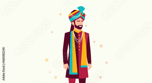 Indian Groom in Traditional Wedding Attire Illustration.