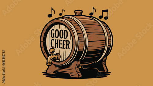Cartoon wooden barrel with "Good Cheer" text and musical notes on a tan background