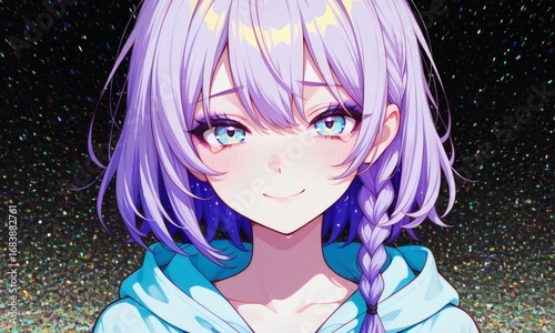 Adorable anime girl with braided purple hair and glowing blue eyes in a cozy light blue hoodie, set against a dreamy starry background — perfect for fantasy and character design stock visuals