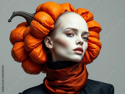 Woman with pumpkin crown, bold makeup, autumn elegance