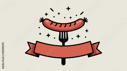 Cartoon sausage on a fork with a banner perfect for food blog or restaurant menu