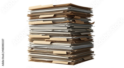 Tall stack of old documents and files isolated on transparent background