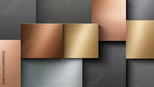 Geometric arrangement of metallic squares in copper, gold, rose gold, and steel tones creates a modern, sophisticated design.