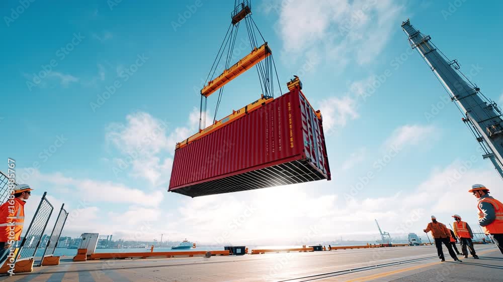 Large red shipping container suspended by crane as industrial workers ...