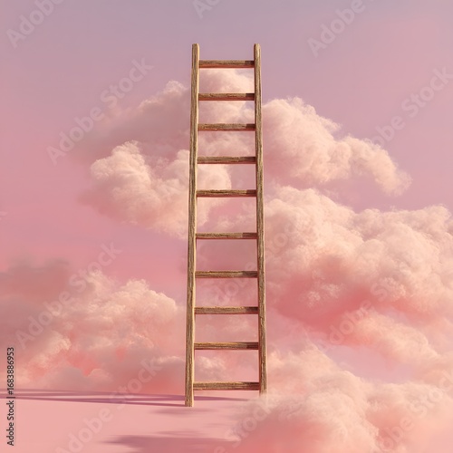 Ladder to success concept dreamy pink clouds background climbing opportunity