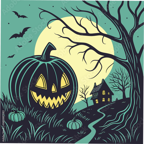 Halloween night with jack o lantern haunted house and pumpkins