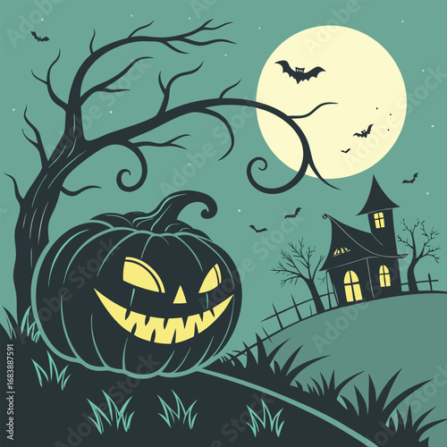 Halloween scene with jack o lantern haunted house and full moon