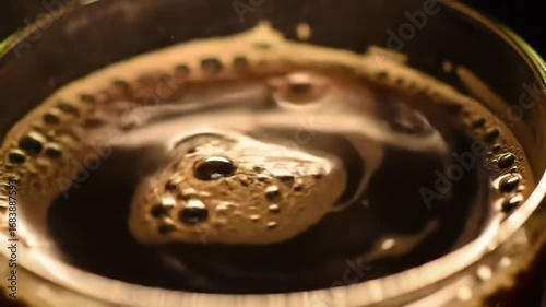 Close-up of rich, dark coffee swirling in a glass cup. Bubbles and crema move in mesmerizing motion, highlighting the texture and aroma of freshly brewed espresso. Perfect for coffee lovers