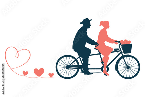 Couple riding tandem bicycle with hearts symbolizing love and togetherness concept