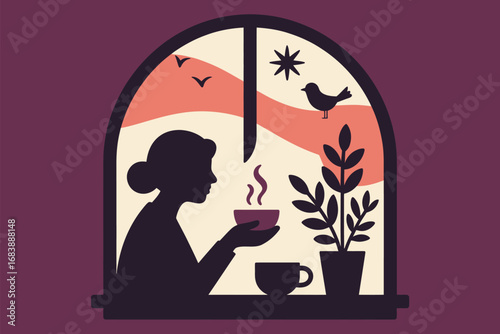 Silhouette of woman enjoying coffee by window with birds and plant in a cozy scene