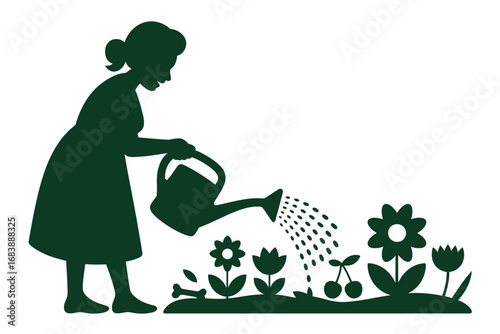 Silhouette of woman watering flowers in garden with watering can illustration