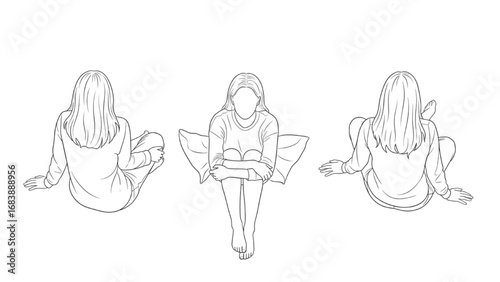 Top View Woman Outline Set | Sitting Female Figure Vector Isolated on White Background